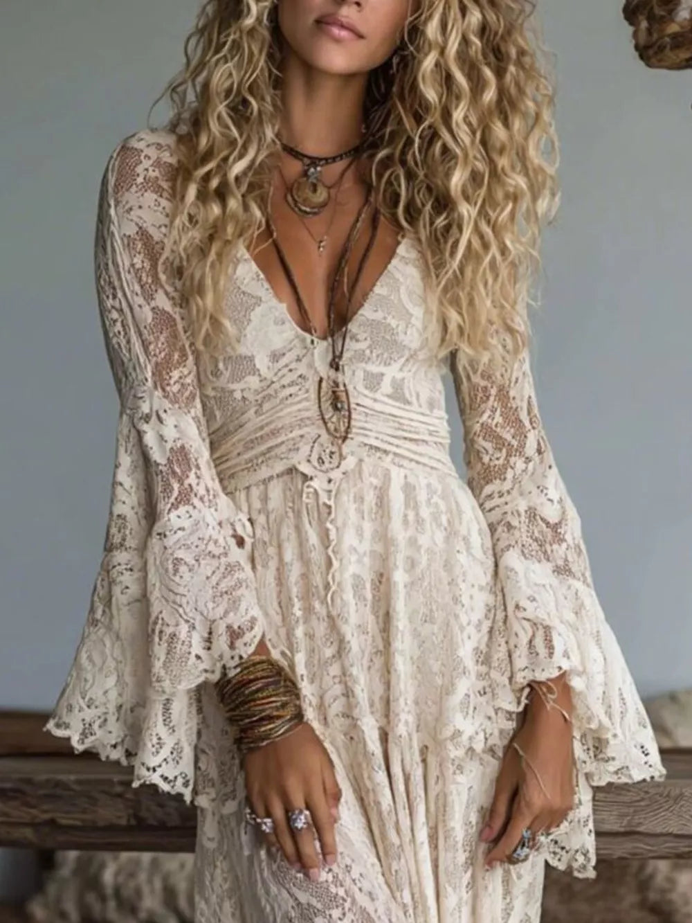 Lace Deep V-Neck Maxi Dress side