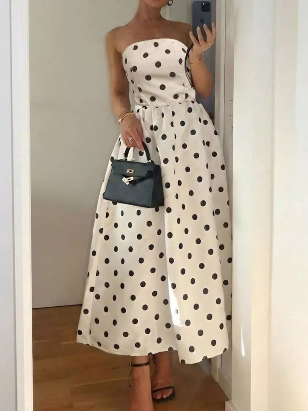 Polka Dot Strapless Midi Dress - Detail