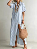Striped High Slit Maxi Shirt Dress - Front