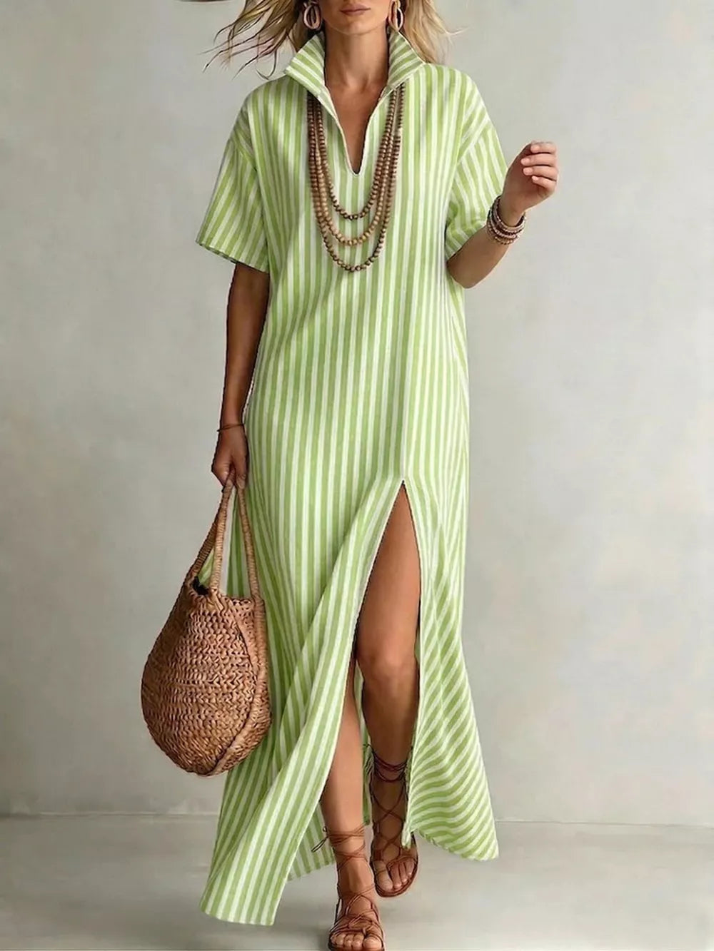 Striped High Slit Maxi Shirt Dress - Detail