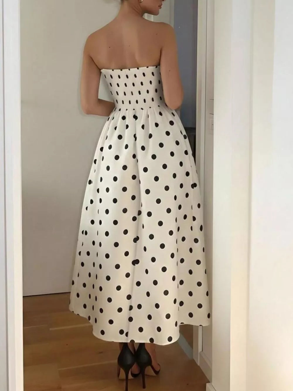 Polka Dot Strapless Midi Dress - Full Look
