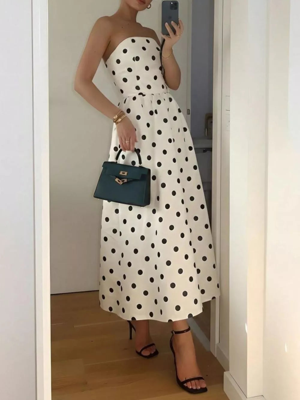Polka Dot Strapless Midi Dress - Back