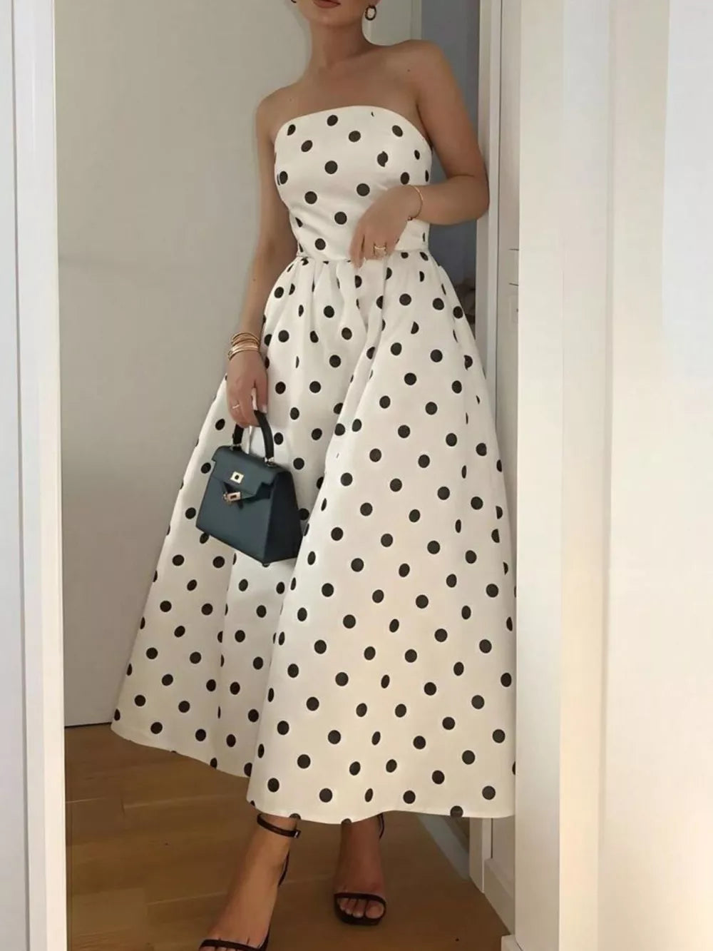 Polka Dot Strapless Midi Dress - Side