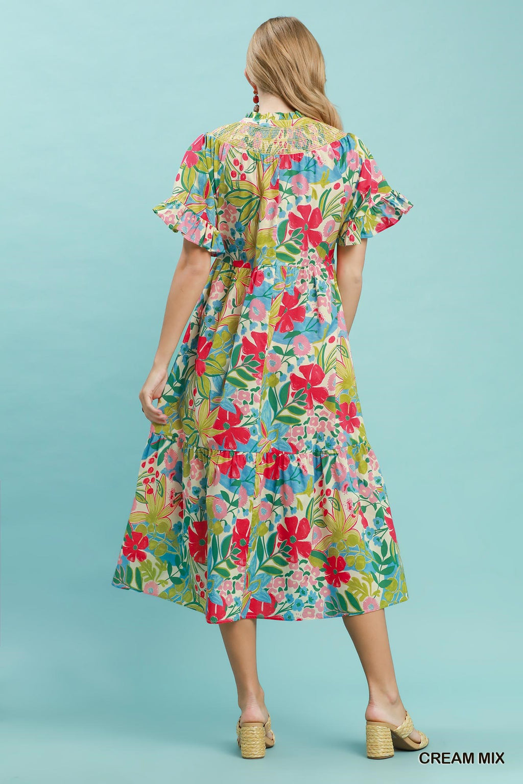 Umgee Tropical Floral Tiered Midi Dress detail
