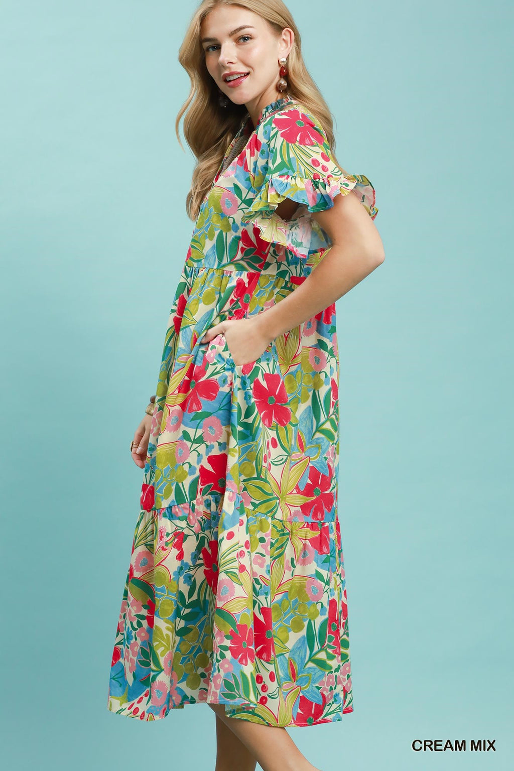 Umgee Tropical Floral Tiered Midi Dress side