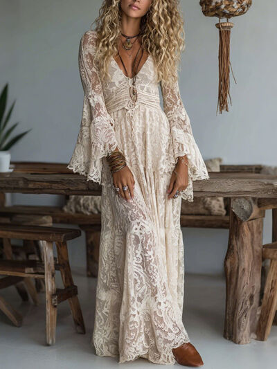 Lace Deep V-Neck Maxi Dress front