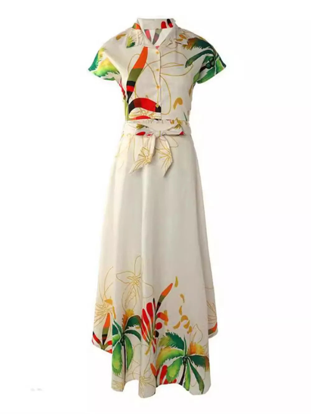 Tropical Print Button-Up Crop Top and Maxi Skirt Set