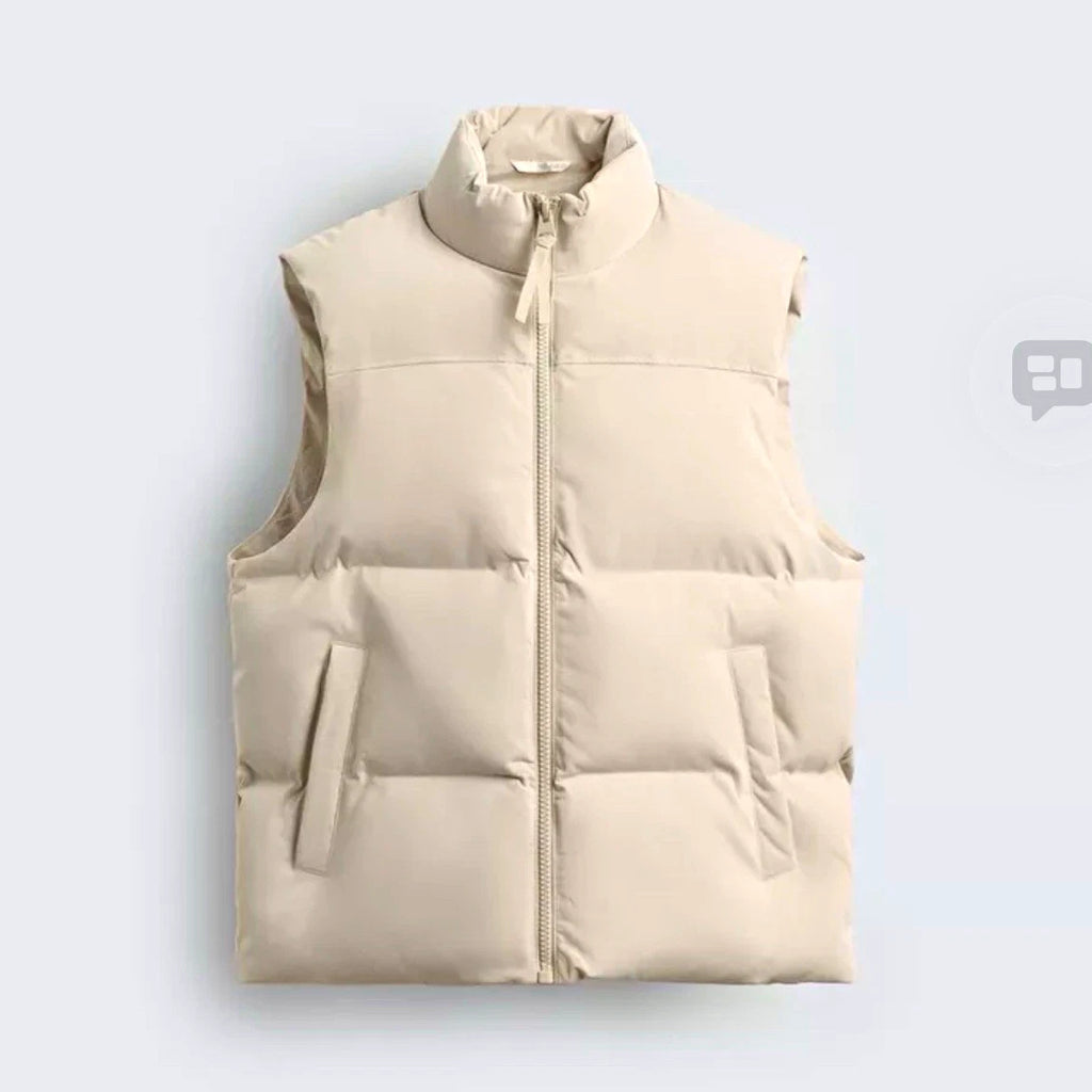 Mens Beige Puffer Vest Quilted Full-Zip Stand-Up Collar
