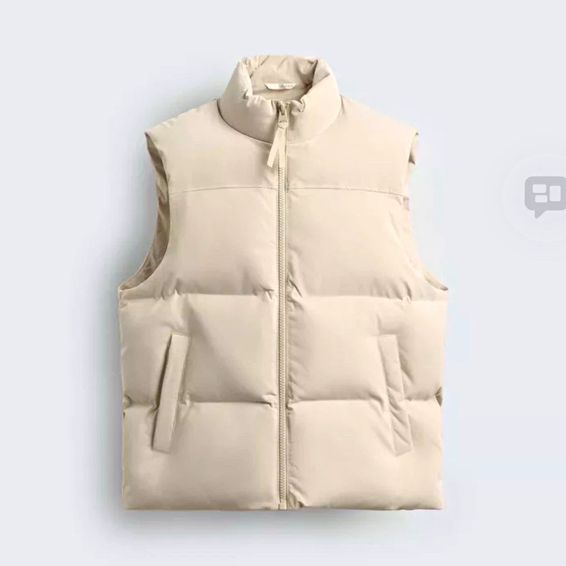 Mens Beige Puffer Vest Quilted Full-Zip Stand-Up Collar