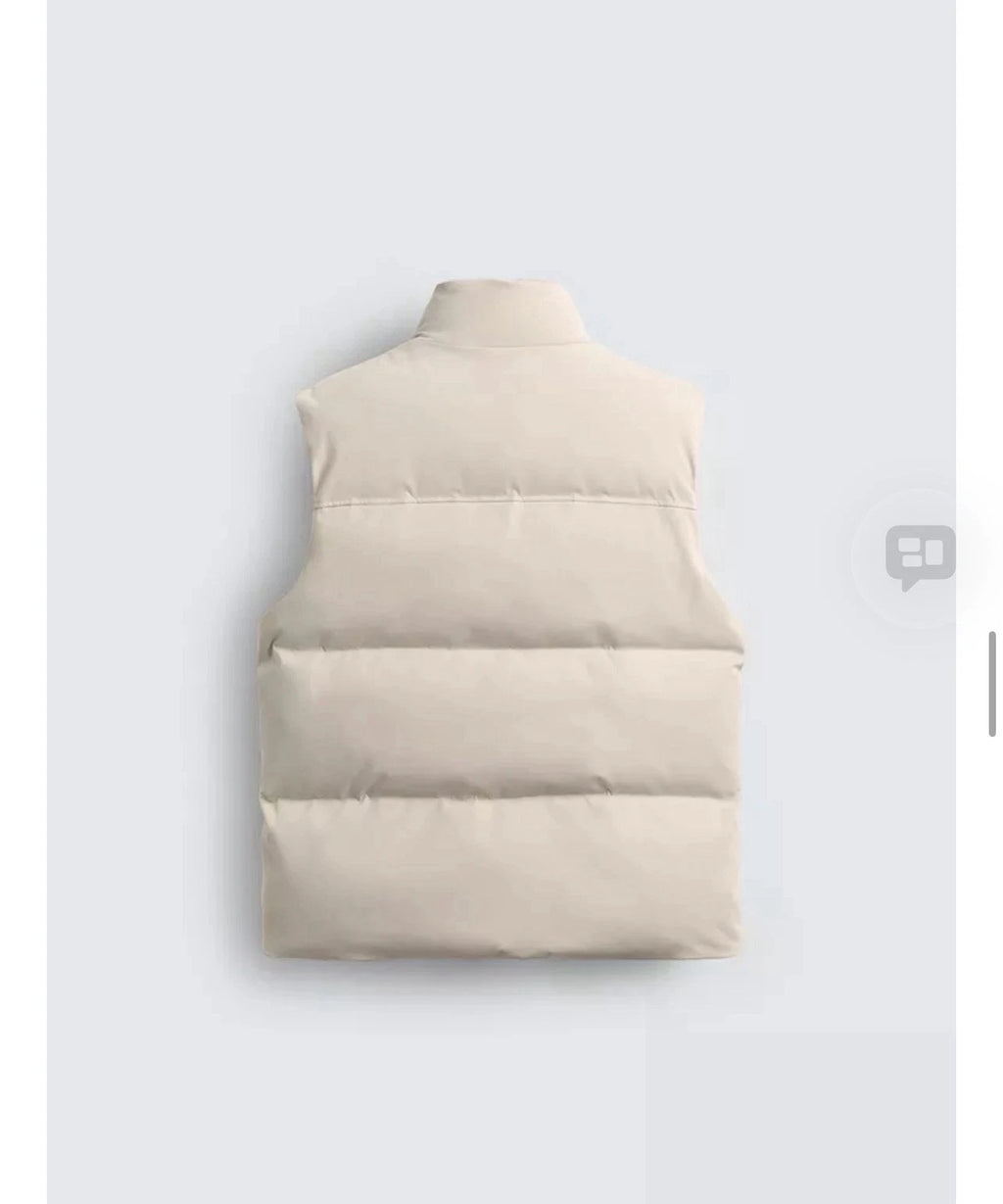 Mens Beige Puffer Vest Quilted Full-Zip Stand-Up Collar