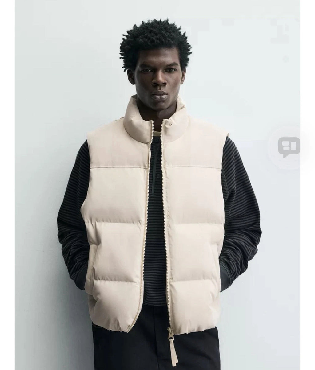 Mens Beige Puffer Vest Quilted Full-Zip Stand-Up Collar
