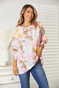 Double Take Womens Floral Round Neck 3/4 Sleeve Top