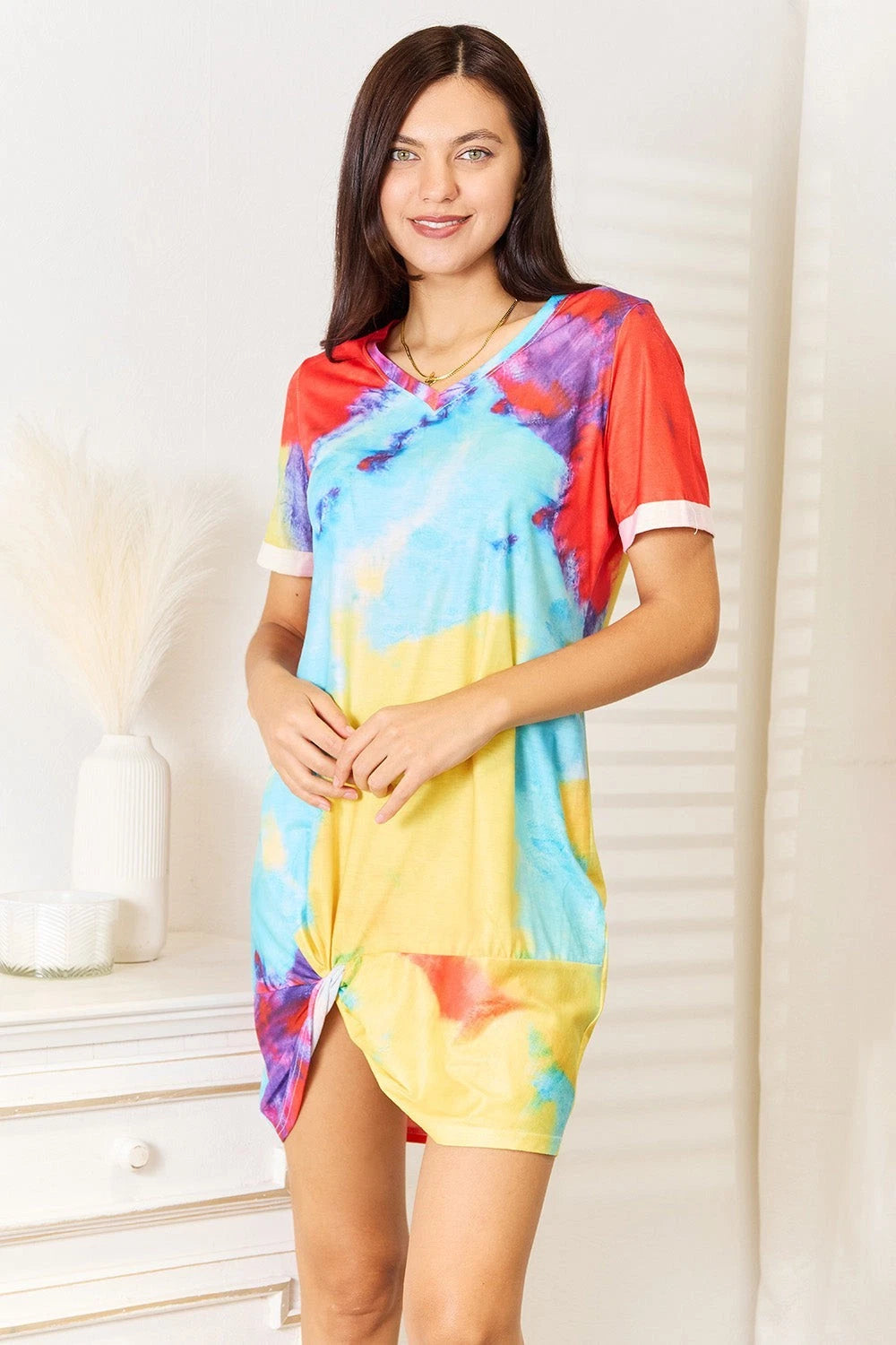 Womens Shiny Tie-Dye V-Neck Twisted Dress