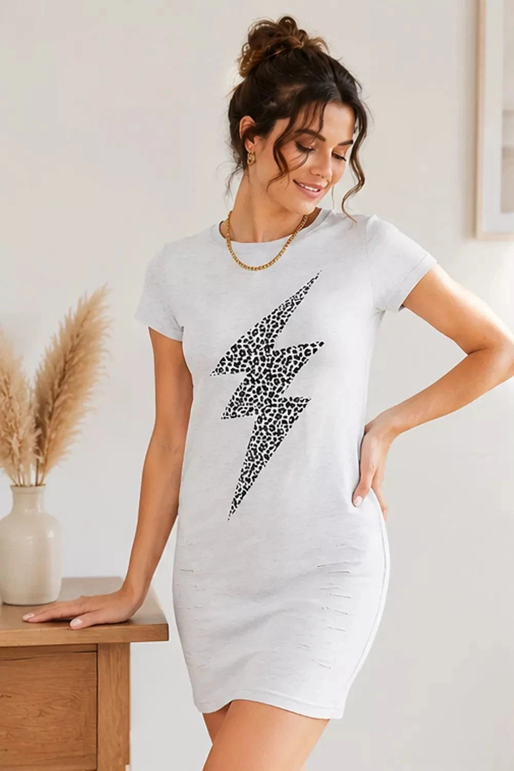 Double Take Womens Leopard Lightning Graphic Tee Dress