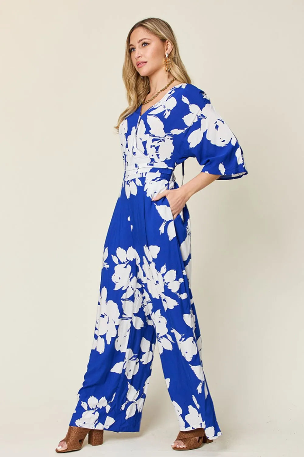 Double Take Printed Tie Back Wide Leg Jumpsuit - Side