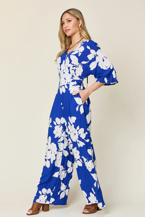 Double Take Printed Tie Back Wide Leg Jumpsuit - Side