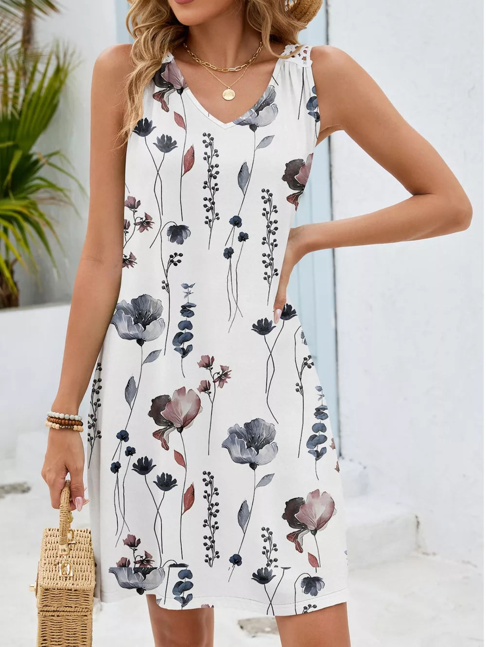 Floral Print V-Neck Crochet Back Mini Dress - Back View