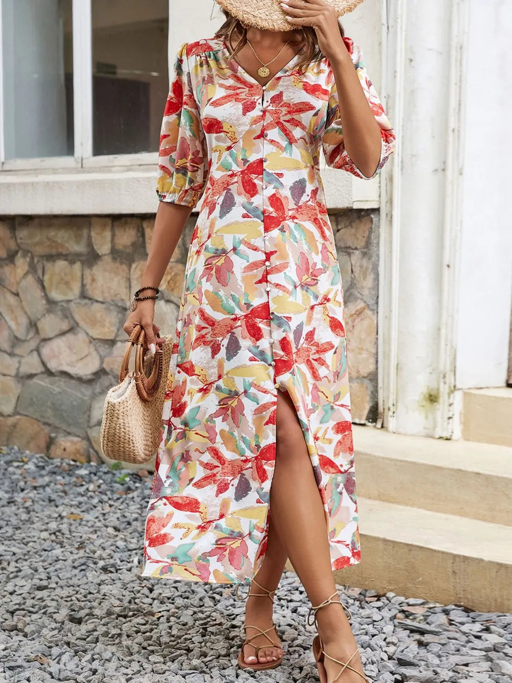 BiBi Floral Bow Tie Puff Sleeve Dress - Side