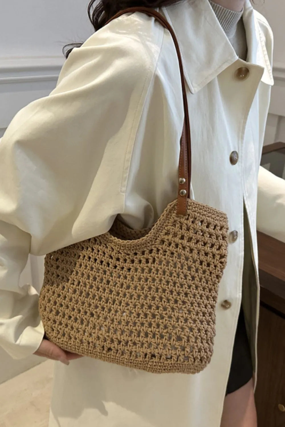 Openwork Woven Tote Bag handle