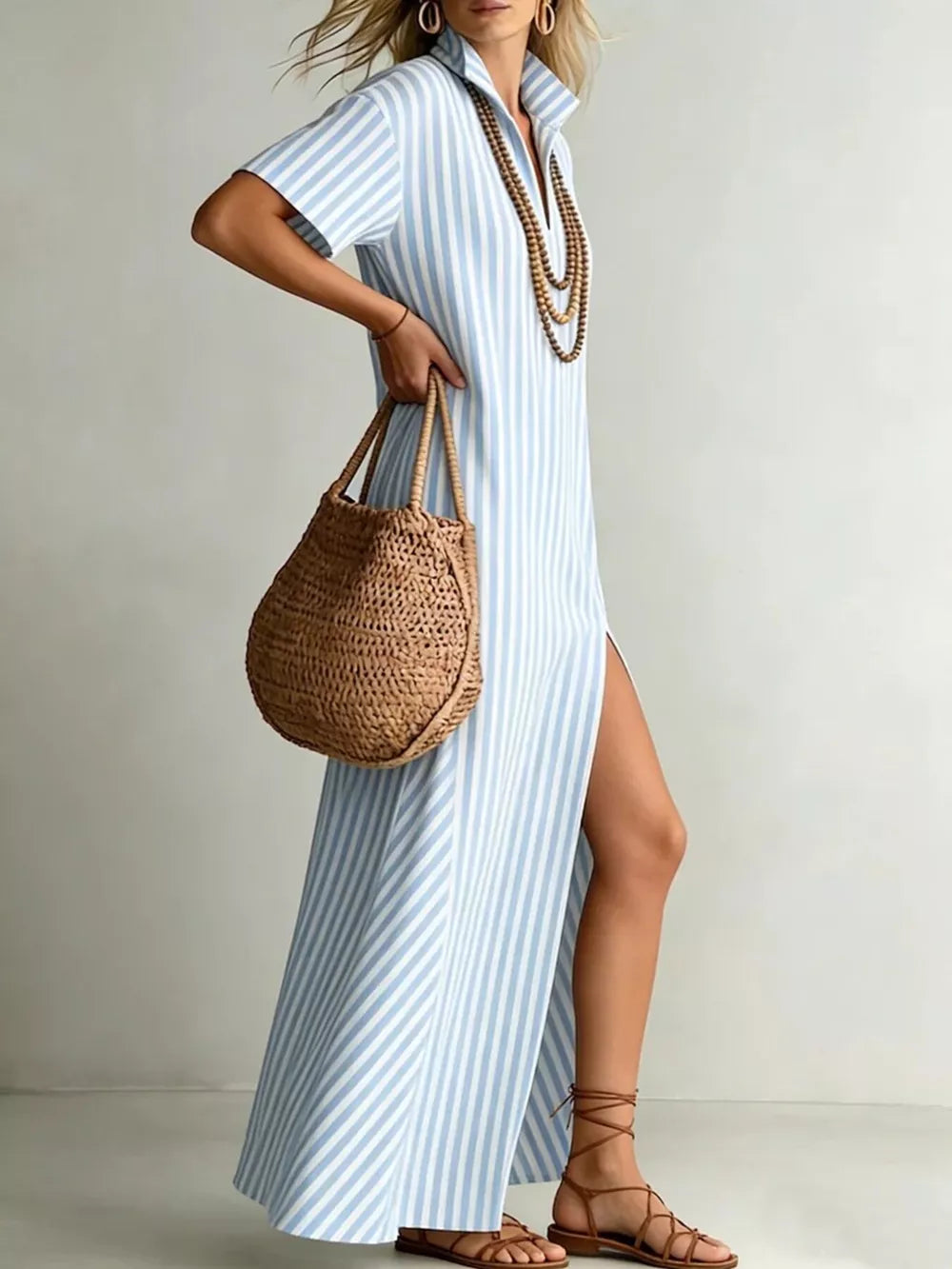 Striped High Slit Maxi Shirt Dress - Side Slit
