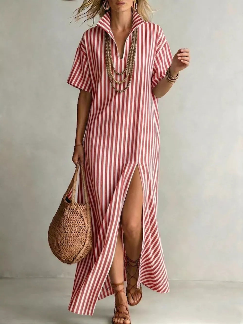 Striped High Slit Maxi Shirt Dress - Full Look