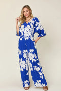 Double Take Printed Tie Back Wide Leg Jumpsuit - Front