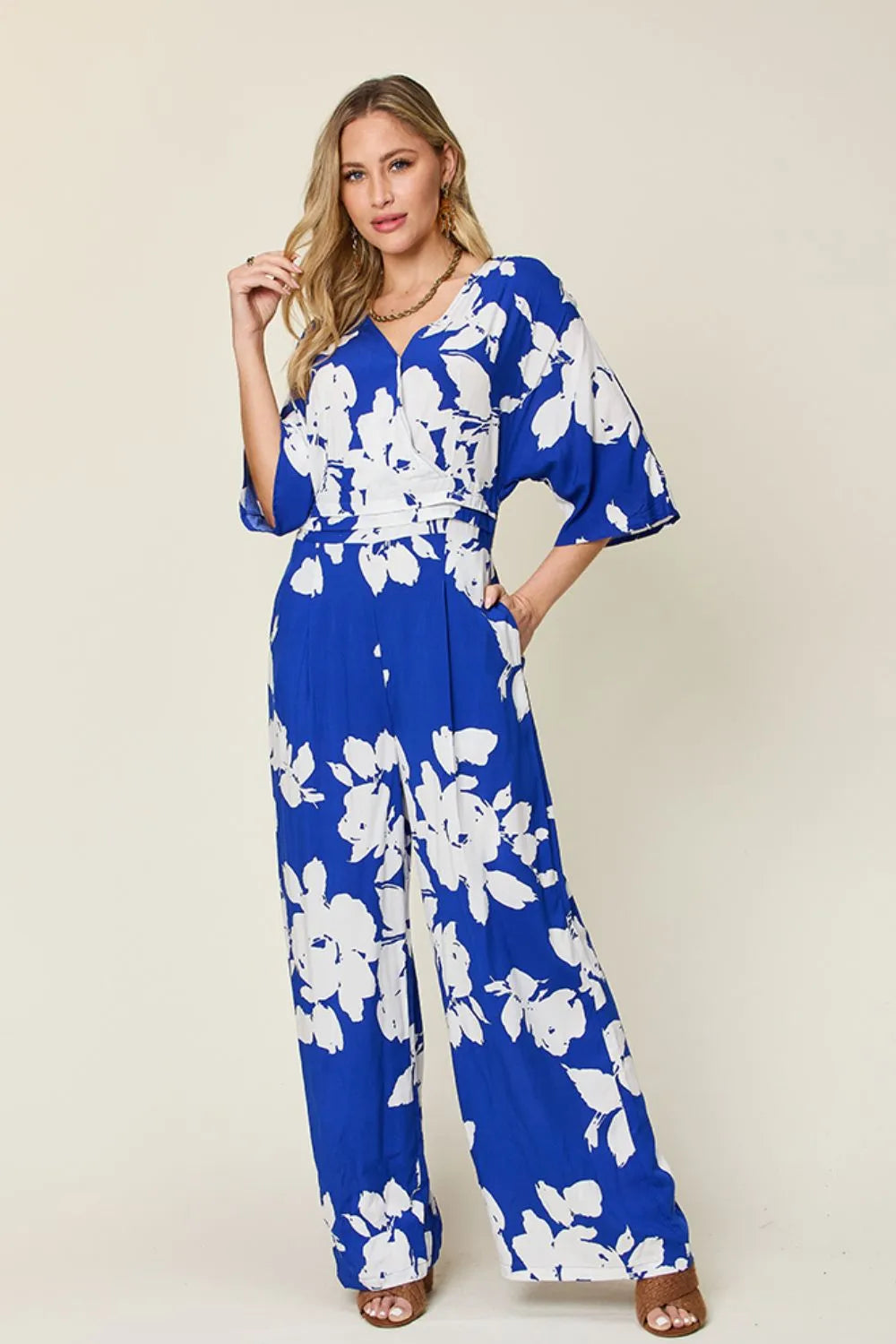 Double Take Printed Tie Back Wide Leg Jumpsuit - Front