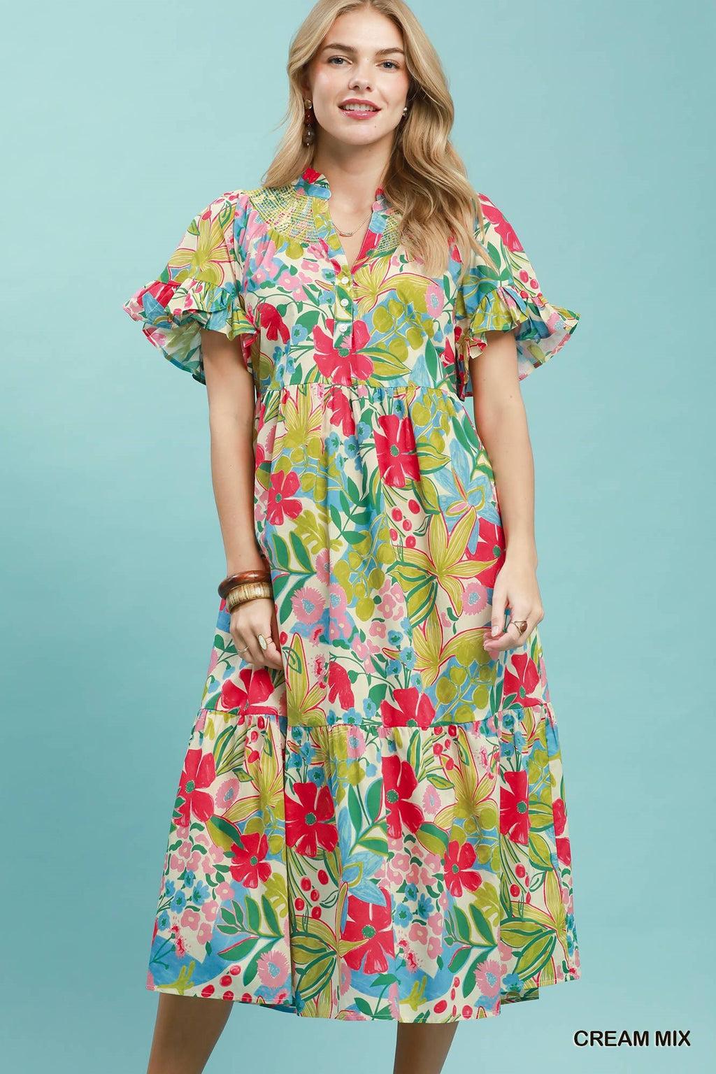 Umgee Tropical Floral Ruffle Sleeve Tiered Midi Dress front