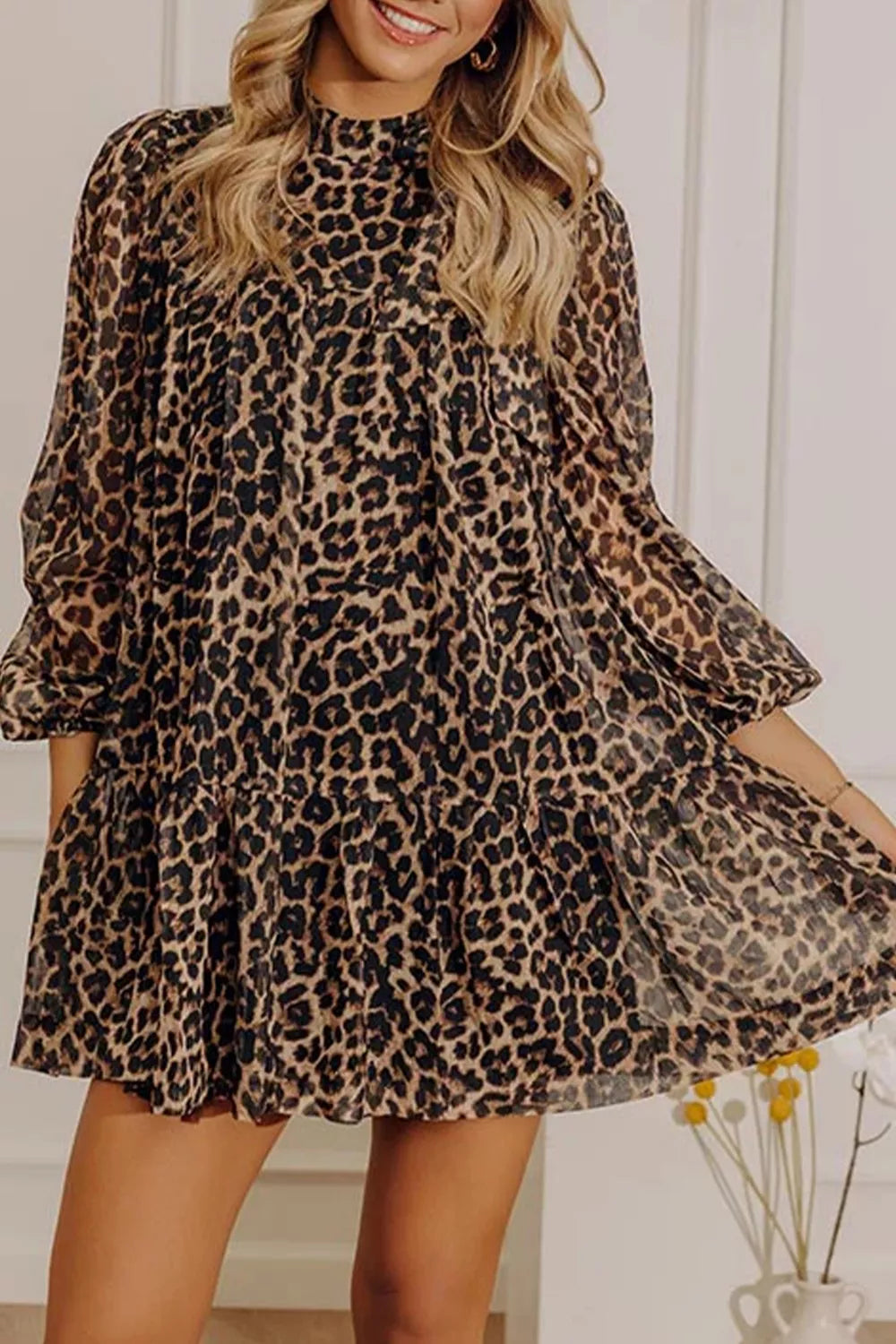 Leopard Print Long Sleeve Shift Dress