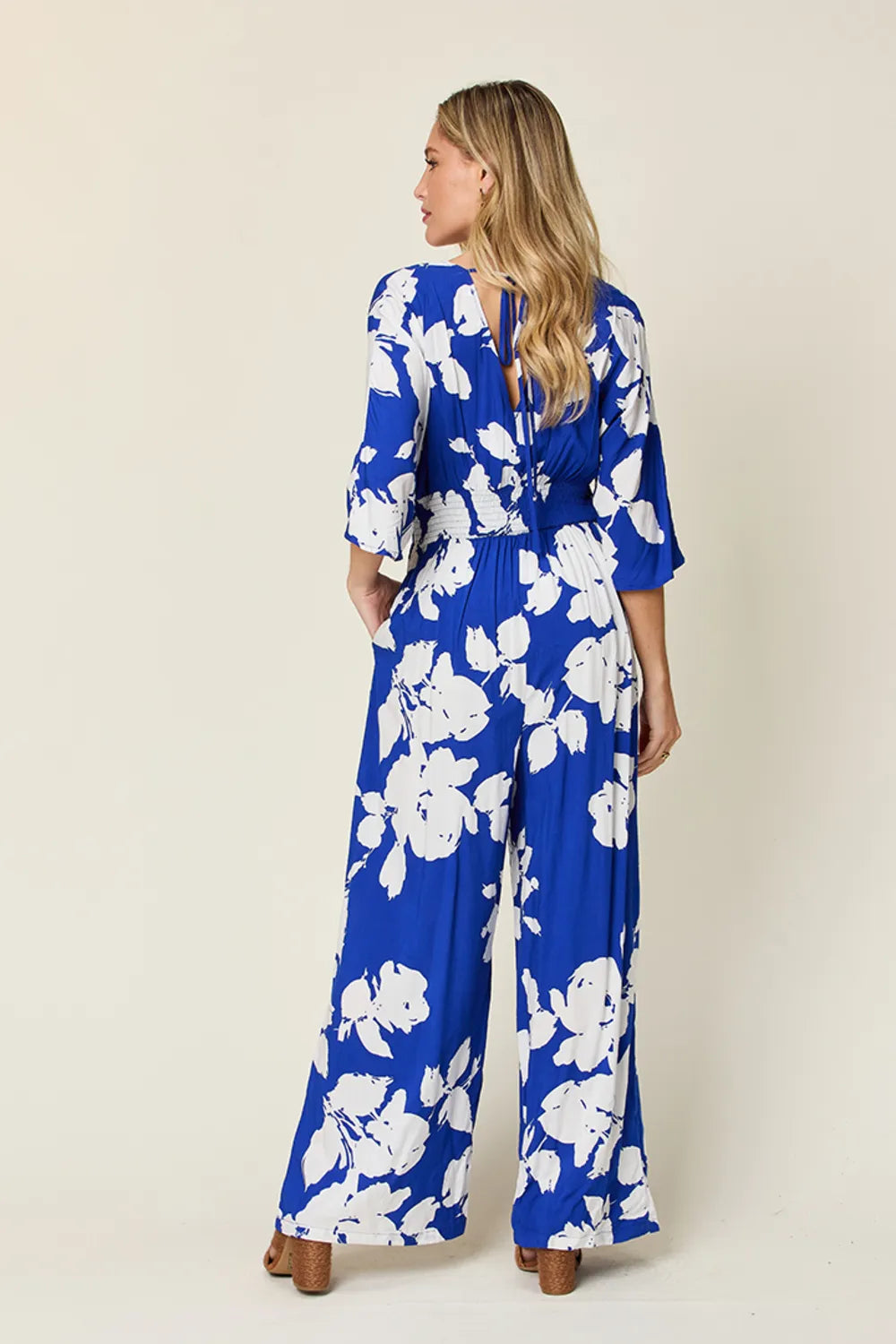 Double Take Printed Tie Back Wide Leg Jumpsuit - Back Tie Detail