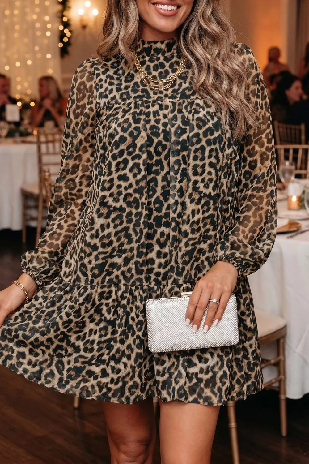 Leopard Print Long Sleeve Shift Dress