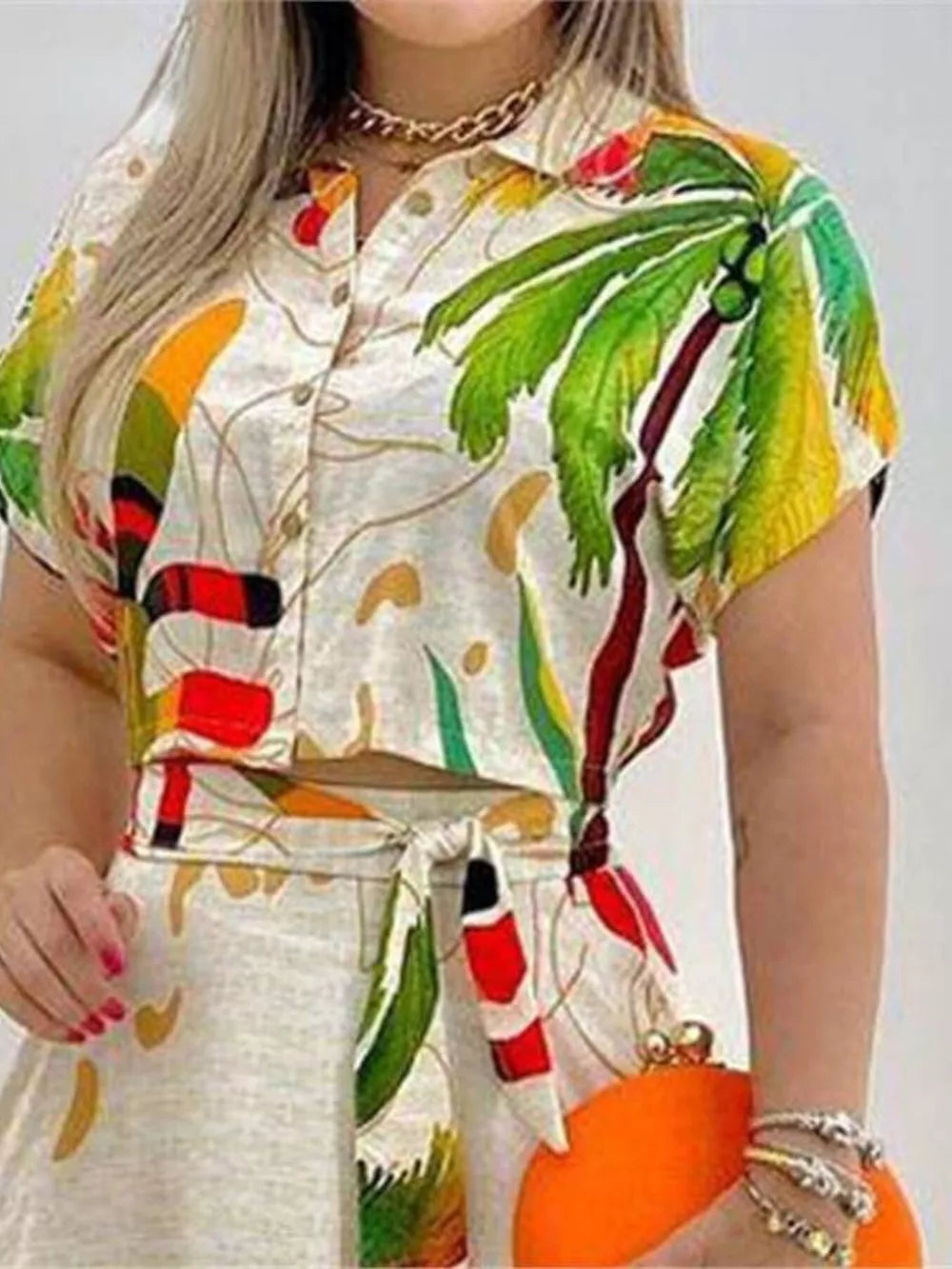 Tropical Print Button-Up Crop Top and Maxi Skirt Set