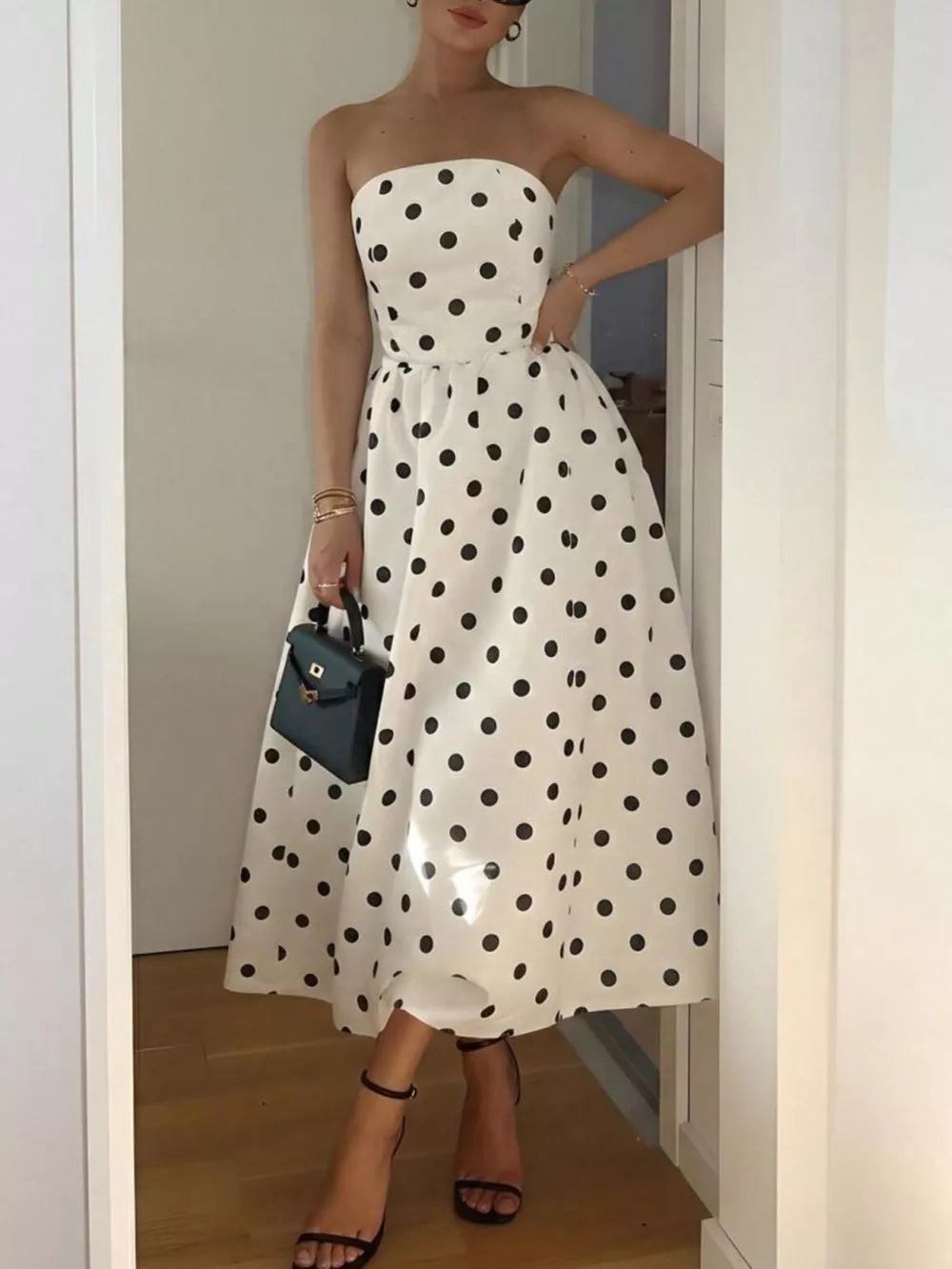 Polka Dot Strapless Midi Dress - Front