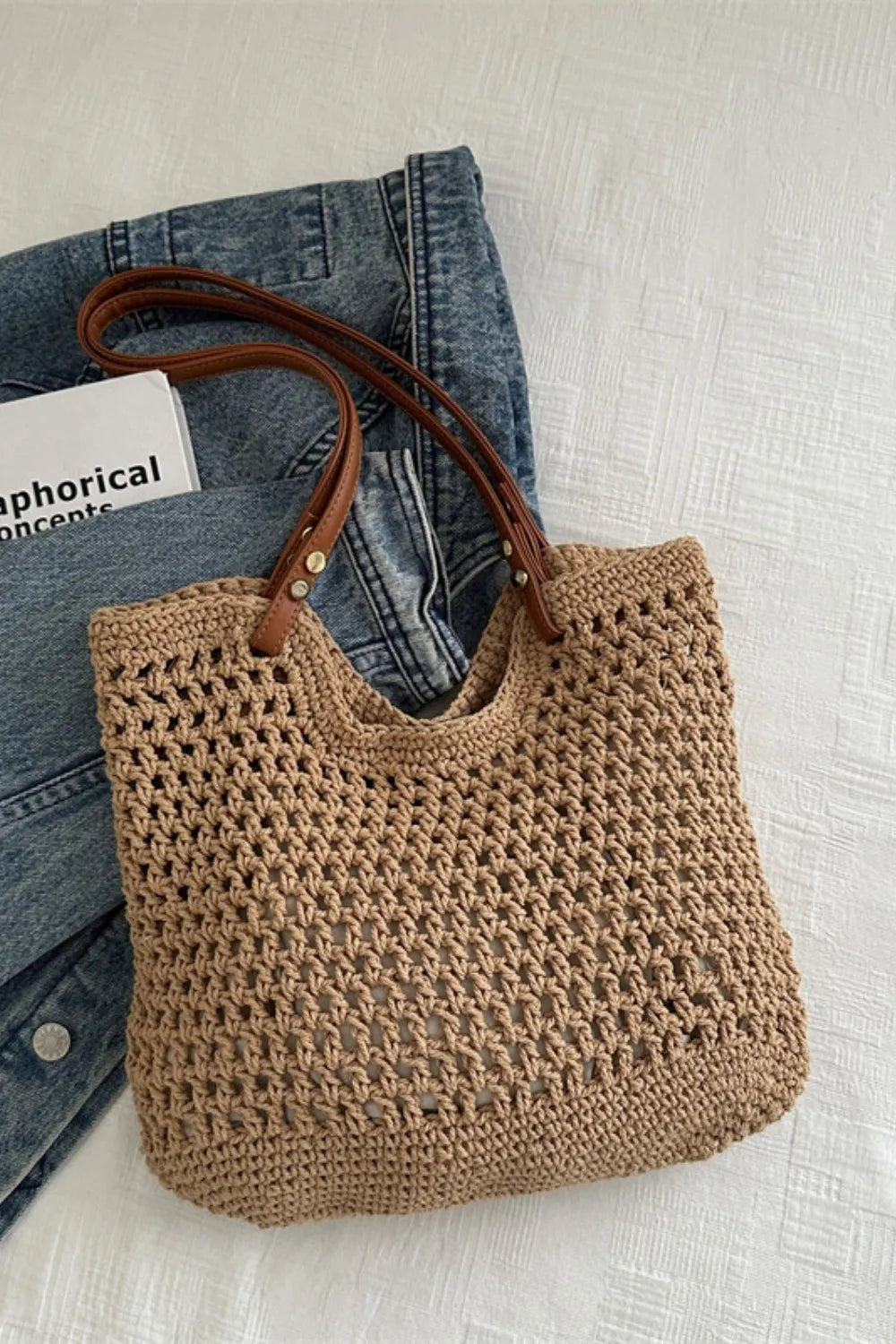 Openwork Woven Tote Bag - Camel